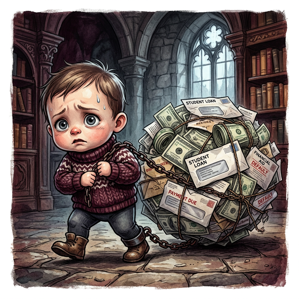 Illustrated chibi baby carrying a ball and chain made of paper bills