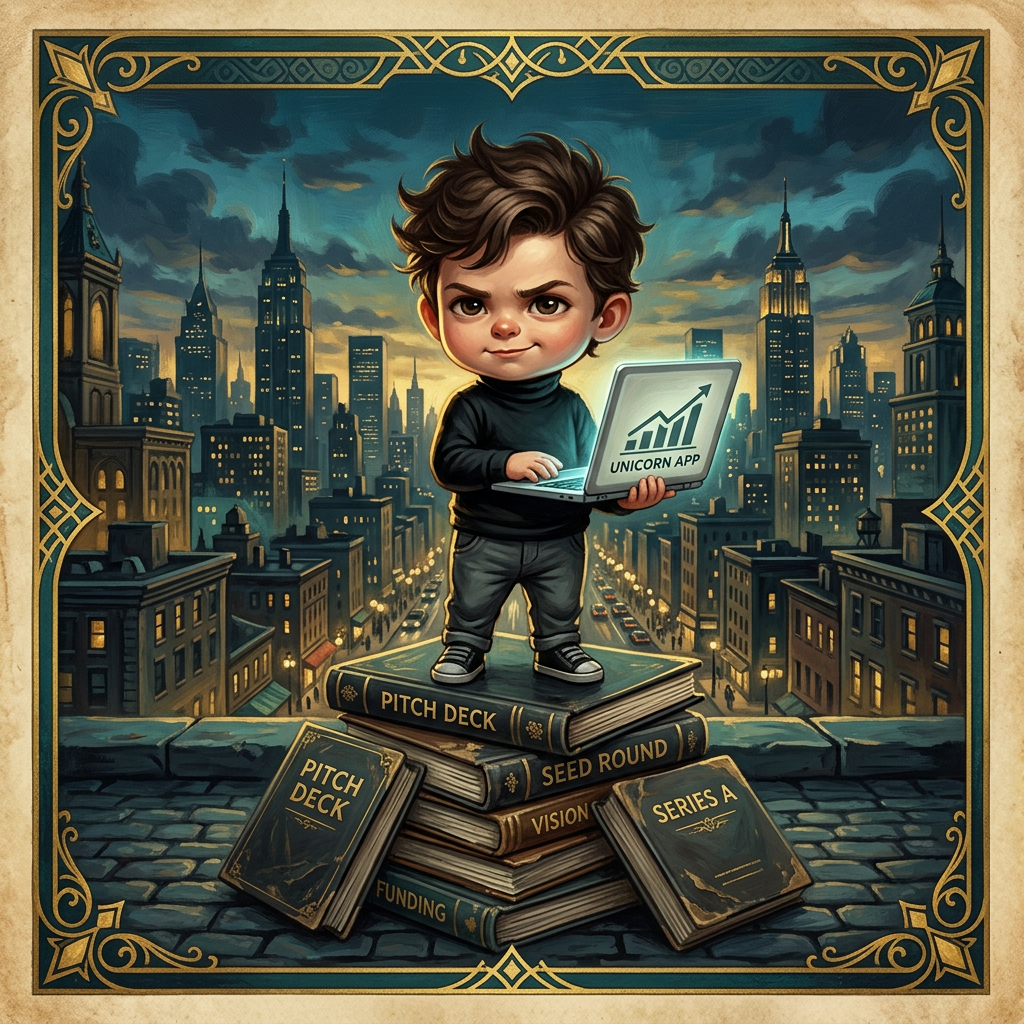 Illustrated chibi toddler founder in a turtleneck standing on pitch decks