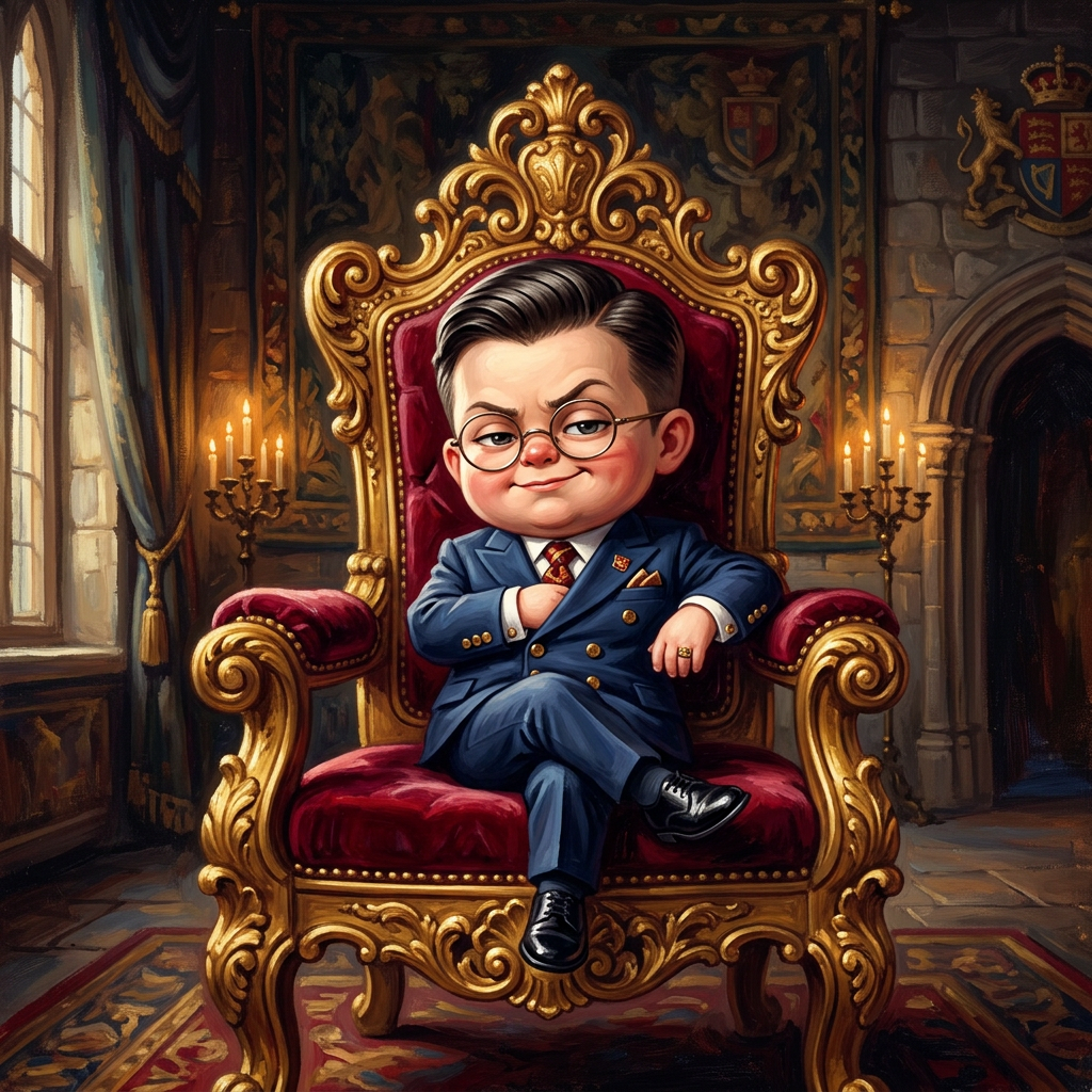 Illustrated chibi child in a tiny suit seated on a golden throne