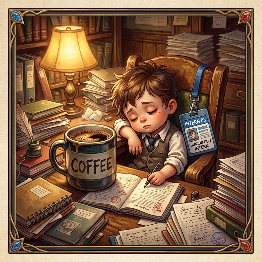 Illustrated chibi toddler intern at a desk buried in paperwork