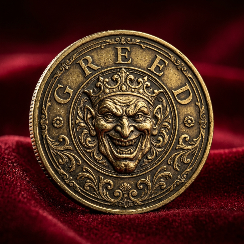 Concept render of the gold $GREED coin on red velvet