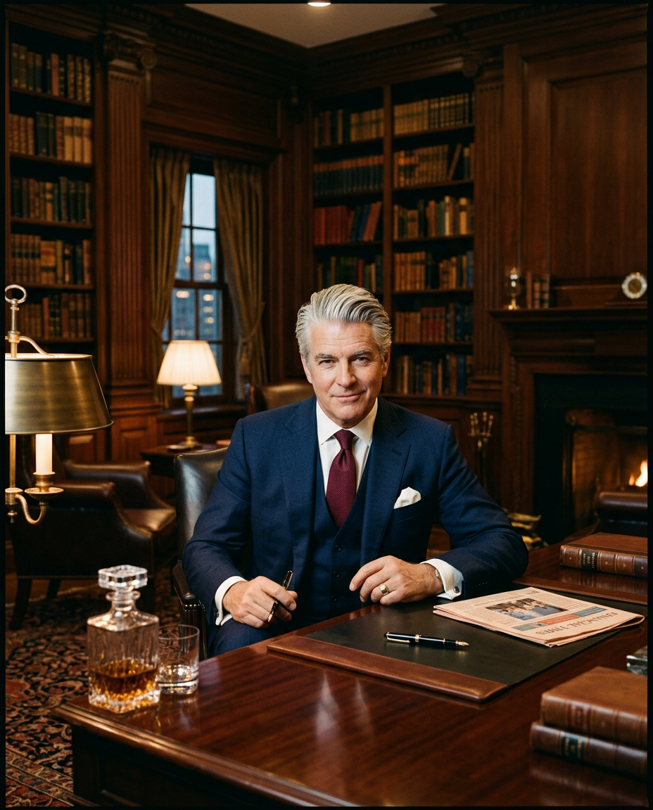 Portrait of Harry Dink, Chairman and Chief Extraction Officer, seated at a mahogany desk