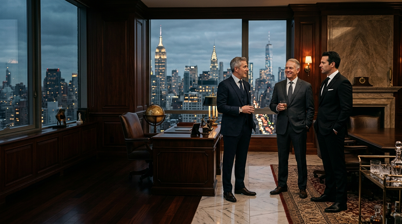 Executives in tailored suits in a Manhattan corner office at dusk
