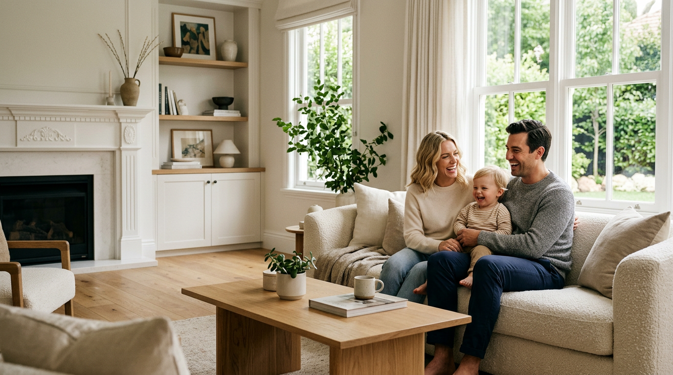 A young family laughing together in a bright suburban living room
